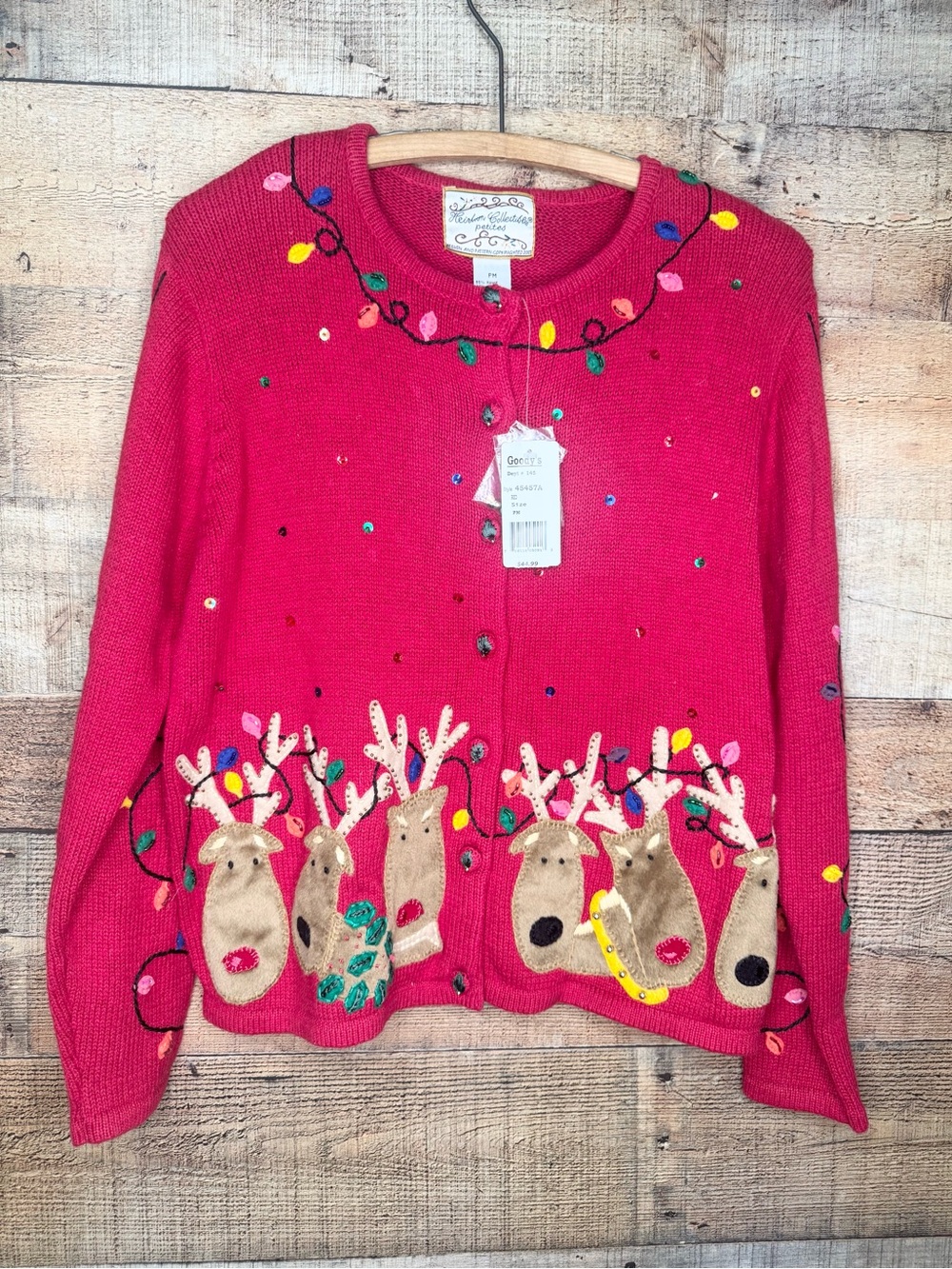 Christmas Reindeer Knitted Sweater 90s Cardigan Womens M Petite Heirloom Beaded